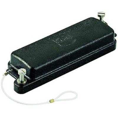 Zwart, rechthoekig behuizing met metalen elementen en een kabel aan de zijkant, tegen een witte achtergrond.