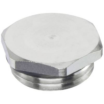 Metalen schroefafsluiting, zeshoekige vorm, zilverkleurig, op witte achtergrond.