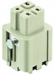 Grijs, rechthoekig elektrisch onderdeel met een schroef aan de linkerkant, waarschijnlijk deel van een steeksysteem of connector.
