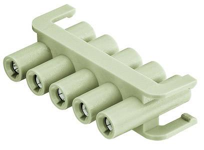 Groene elektrische stekkerverbinding met vijf aansluitbussen op een rij, geschikt voor industriële toepassingen.