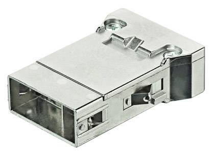 Metalen connector met rechthoekige vorm, robuust ontwerp, open aan één zijde, geschikt voor industriële bekabelingssystemen.