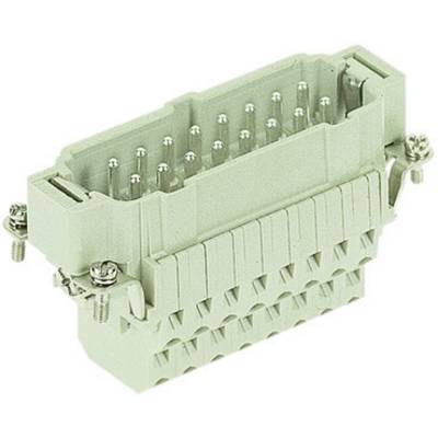 Een rechthoekige, lichtgrijze connector met meerdere metalen pinnen en zijdelingse schroefverbindingen, gebruikt voor elektrische aansluiting.