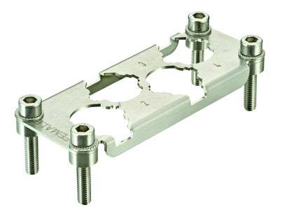 Metalen plaat met vier schroeven en genummerde uitsparing voor elektronische componenten.