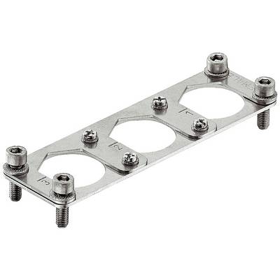Metalen sjabloon met vier ronde uitsparingen, bevestigd door acht schroeven, vermoedelijk gebruikt voor kabel- of buisbevestiging.