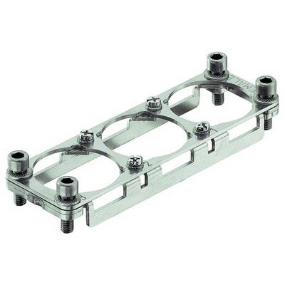 Metalen plaat frame met vier cirkelvormige openingen en schroeven in de hoeken, waarschijnlijk bedoeld voor mechanische bevestiging.