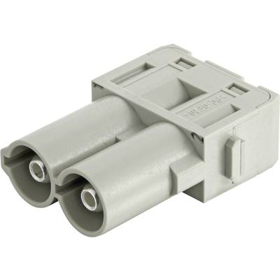 Een grijze dubbele kabelstekker van kunststof, met twee ronde openingen en een rechthoekige basis, voor elektrische aansluiting.