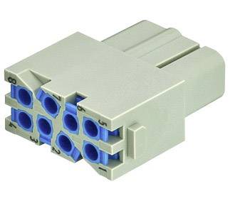 Een rechthoekige, grijze en blauwe elektrische stekker met acht aansluitingen, genummerd van 1 tot 8.