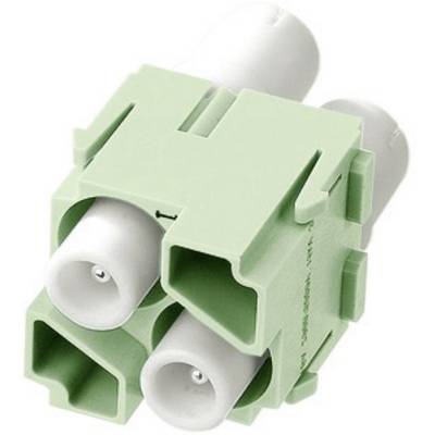 Groene en witte elektrische stekker met drie aansluitingen, gebruikt voor veilige kabelverbindingen in elektrische installaties.