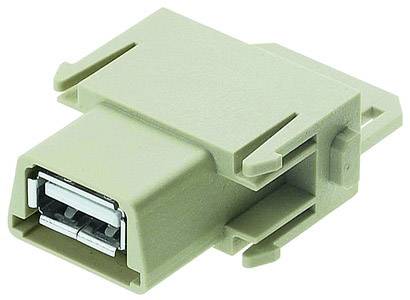 Een beige USB-adapter met metalen aansluiting ligt op een witte achtergrond. De adapter is rechthoekig en vervaardigd uit kunststof.