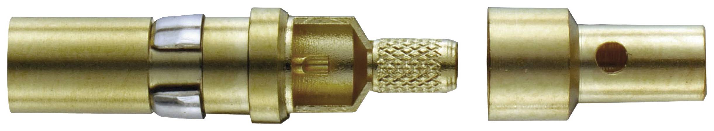 Twee messing stekkerverbindingen voor een witte achtergrond, links de grote bus en rechts de kleinere stekker met een gat.