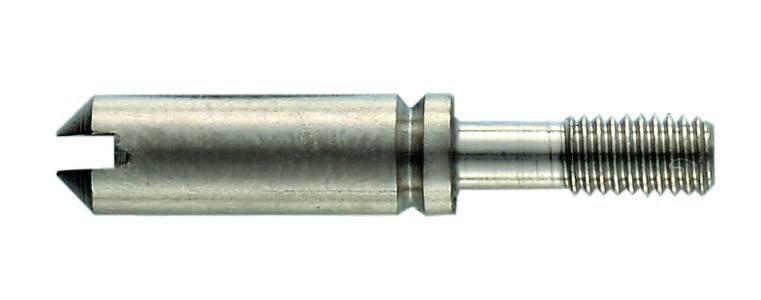 Een metalen onderdeel met schroefdraad en een inkeping aan het uiteinde, vermoedelijk een speciaal gereedschap of onderdeel, tegen een witte achtergrond.