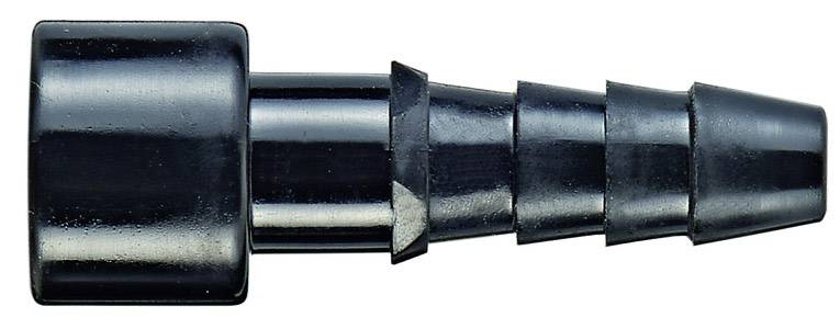 Een zwarte kunststof slangverbinder met meerdere getrailde groeven, die een veilige verbinding tussen slangen mogelijk maakt.