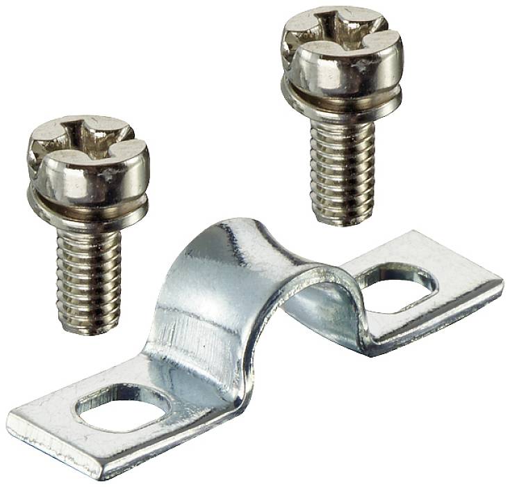 Metalen kabelklem met twee schroeven, geschikt voor het bevestigen van kabels op verschillende oppervlakken.