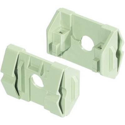 Twee groene, rechthoekige kunststof onderdelen met gaten in het midden. Ze lijken op componenten of adapters.