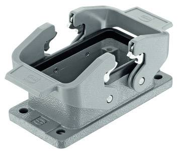 Metalen, rechthoekige houder met twee openende klemmen, gemonteerd op een vaste basis.