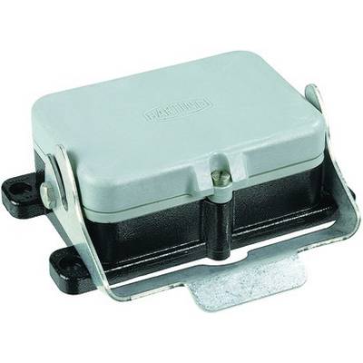 Een grijze rechthoekige elektrische stekkeradapter met metalen bevestigingsklemmen en een zwarte basis.