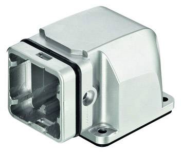 Metalen onderdeel met rechthoekige opening en twee schroefgaten, mogelijk een elektrische of mechanische behuizing.