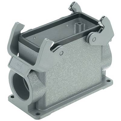 Metalen connectorbasis met rechthoekige behuizing en twee zijdelingse vergrendelklemmen. Robuuste structuur voor industriële toepassingen.