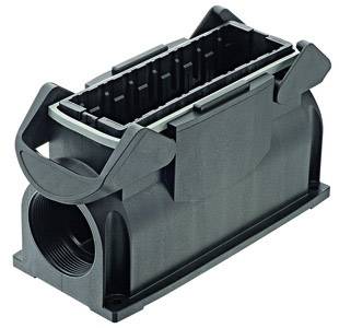 Een zwart, rechthoekig kunststof behuizing met zijhandgrepen en een opening aan de voorkant.