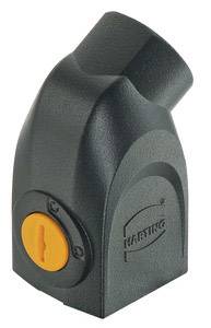 Een rechthoekig, zwart behuizing met een haaks buisje en een oranje knop. Gemarkeerd met 'HARTING'. Doet denken aan een elektrische connector.