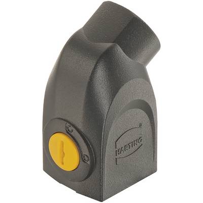 Een zwarte stekkeradapter met een gele toets en het Harting-merklogo op het oppervlak.