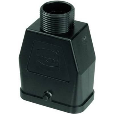 Een zwart bevestigingselement of adapter met een schroefdraad bovenaan en een rechthoekige basis onderaan.