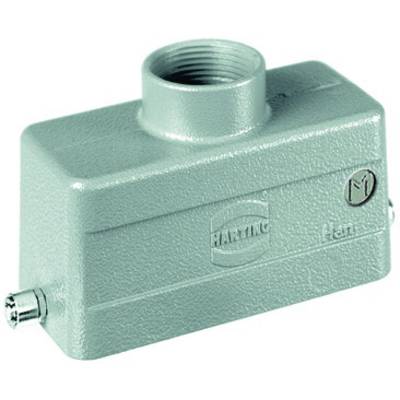 Metalen behuizing van een industriële connector, lichtgroene kleur, robuust ontwerp, met schroefaansluitingen aan beide zijden.