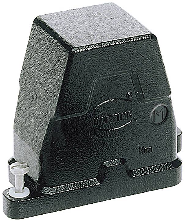 Zwarte spanningsomvormer met vierkante vorm, oppervlaktestructuur en zichtbaar logo. Wordt gebruikt in elektrische toepassingen.