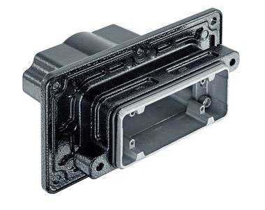 Een zwarte kunststof behuizing met rechthoekige opening en schroefvoorzieningen, standaard gebruikt voor elektronische componenten.