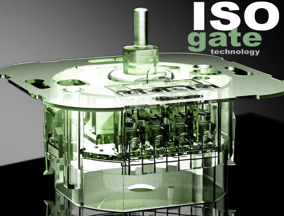 Een transparant apparaat met de opschrift 'ISO gate technology'; toont mechanische componenten en een centrale as.
