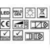 De afbeelding toont verschillende technische symbolen: LED, HALOGEEN, CE-markering, REACH 1907/2006, RoHS 2011/65/EU, en beveiligingsschakelaar.