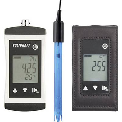 Digitaal meetapparaat 'Voltcraft' met blauwe sensor toont pH-waarde 4,25 en temperatuur 25°C. Ernaast een apparaat in een hoes met temperatuurweergave 25,5°C.