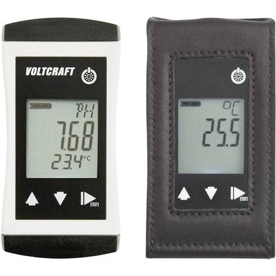 Een digitaal meetapparaat toont 'pH 7.68 23.4°C', een tweede display '25.5°C'. Apparaten voor het meten van pH-waarde en temperatuur.