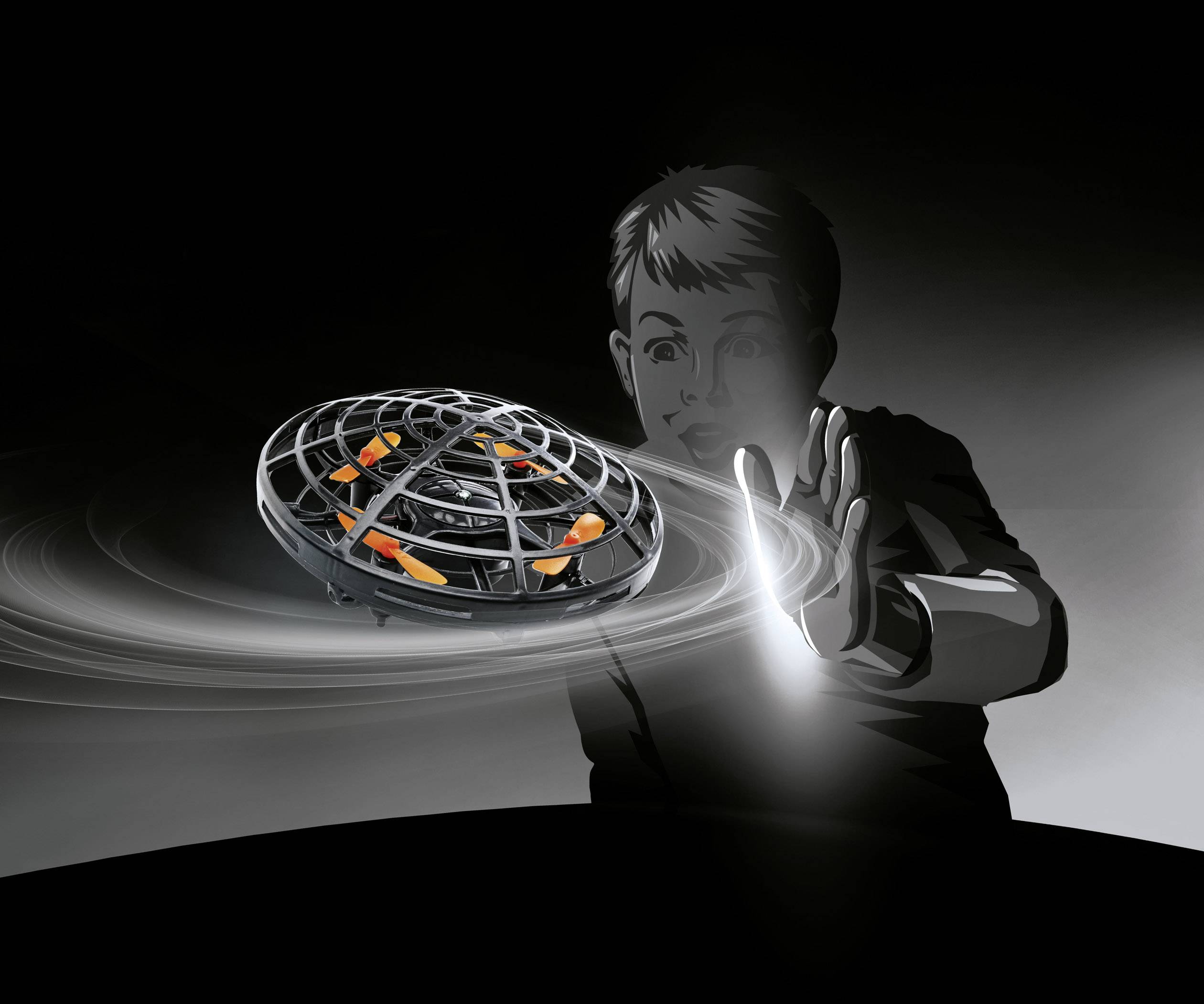 Een jonge persoon houdt zijn hand uitgestrekt, terwijl een drone met oplichtende rotoren in de lucht zweeft en een futuristisch licht uitstraalt.