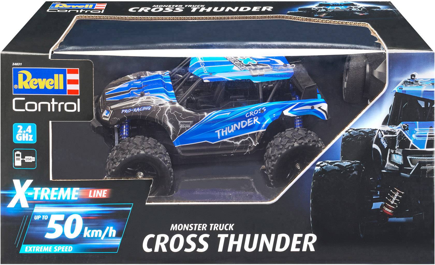 Monstertruck-speelgoedauto 'Cross Thunder' van Revell, blauw-zwart, snelheid tot 50 km/u, 2,4 GHz afstandsbedieningstechnologie.