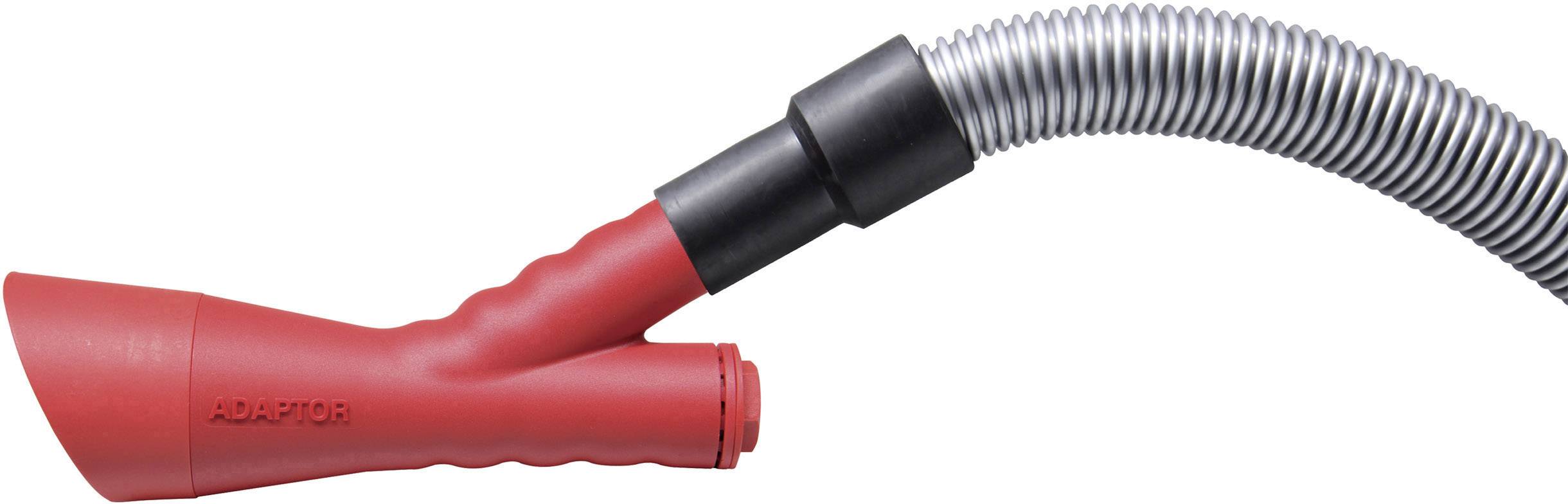 Een rode stofzuigeradapter met een grijze, flexibele slang staat afgebeeld, die dienst doet als verbinding tussen apparaten.