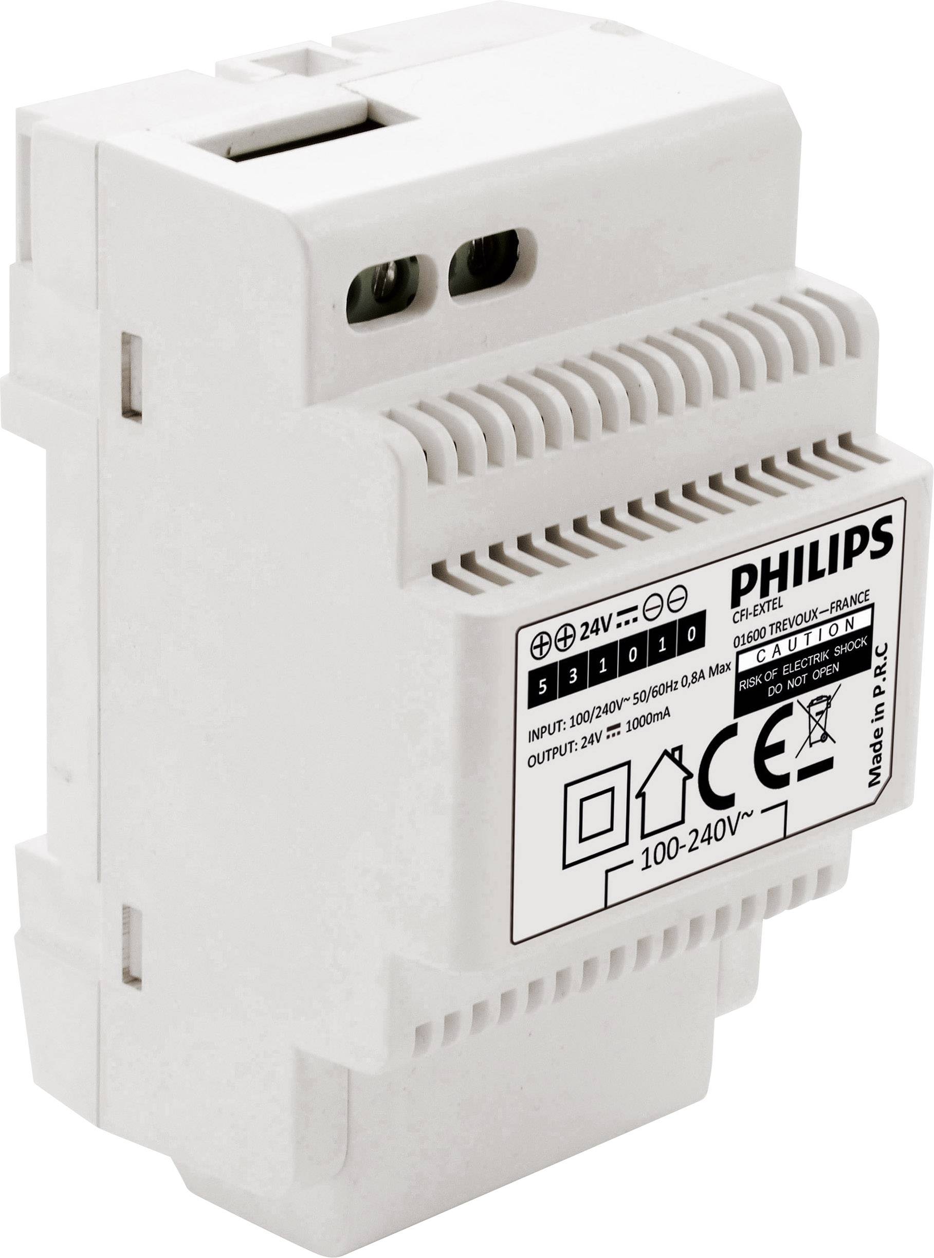 Een wit Philips-voedingsapparaat voor DIN-railmontage, ingang 100-240 V, uitgang 24 V/3,75 A, met CE-markering aan de voorzijde.