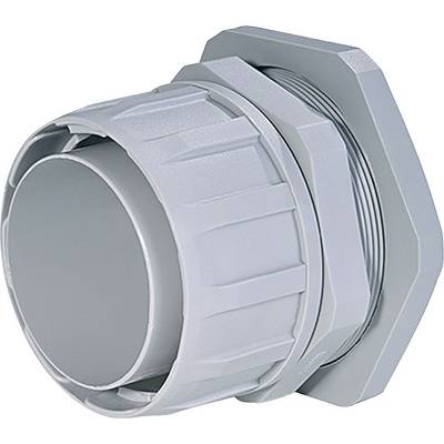 Een grijze kunststof adapter met schroefdraad, die wordt gebruikt voor buisverbindingen of kabelinvoeren.