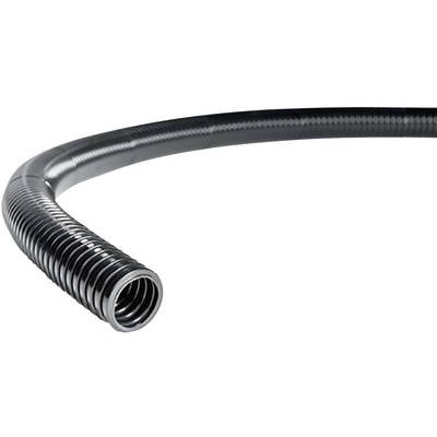 Een flexibele, gegroefde metalen slang, gebogen in een bocht, tegen een witte achtergrond.