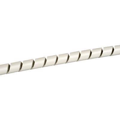 Een lange, beige kabelspiraal voor bundeling en bescherming van kabels. De spiraal is gemaakt van kunststof en heeft regelmatig geplaatste doorsneden.