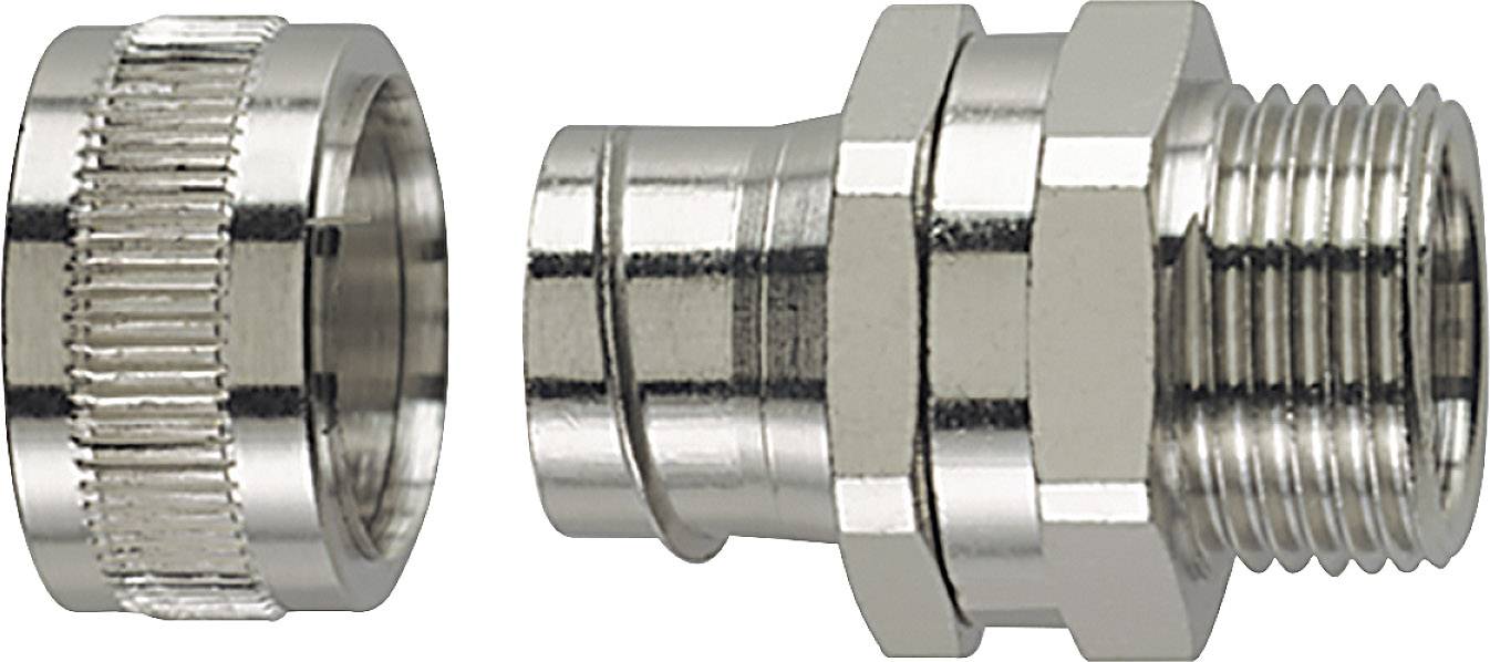 Twee zilveren metalen onderdelen naast elkaar, links een gegroefde huls en rechts een zeskante aansluiting met buitendraad.