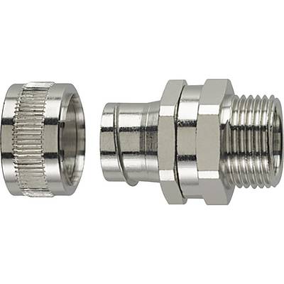 Twee zilveren metalen onderdelen naast elkaar, links een gegroefde huls en rechts een zeskante aansluiting met buitendraad.