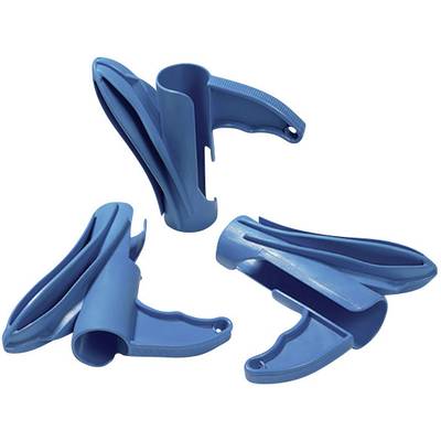 Drie blauwe kunststof gereedschapshouders in verschillende posities, geschikt voor het opbergen en organiseren van gereedschap.