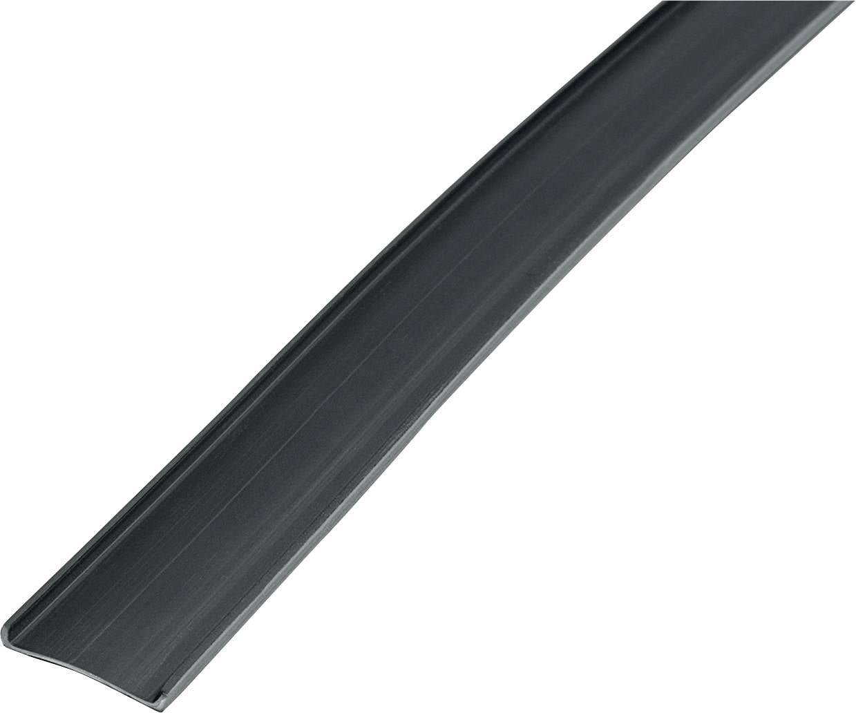 Een lang, plat metalen stuk met een licht gebogen bovenkant, mogelijk een onderdeel of gereedschap in een donkere kleur.