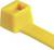 Een gele kabelbinder met een rechthoekig vergrendelingsmechanisme, waarop '189E' is ingedrukt, voor een witte achtergrond.