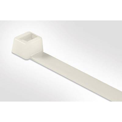 Een witte kabelband met een klein rechthoekig hoofd ligt diagonaal op een grijze achtergrond.