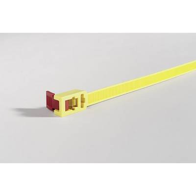 Gele kabelband met een rode sluiting op een grijze achtergrond.