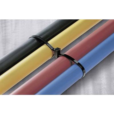 Drie kabels in verschillende kleuren zijn netjes bij elkaar gehouden met kabelbinders: een gele, een rode en een blauwe kabel.