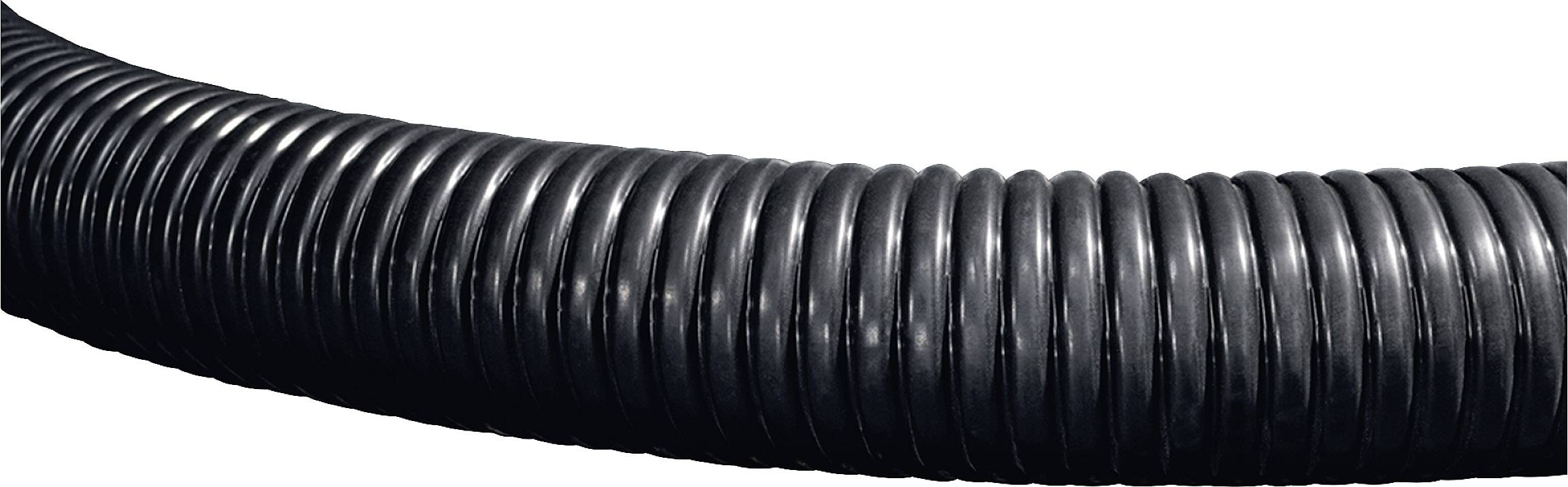 Een zwarte, flexibele golfslang in gebogen vorm. Ideaal voor kabel- of buisgeleiding, biedt bescherming en flexibiliteit.