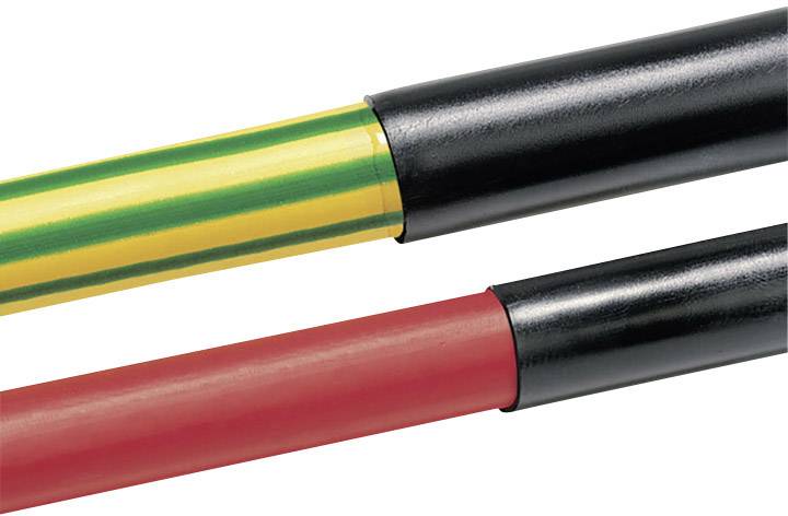 Twee geïsoleerde elektrische kabels, een met geel-groene strepen, de andere in het rood, symboliseren aarding en positieve polariteit.
